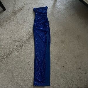 Lucy in the Sky Sequin Corset Strapless Maxi Dress in Blue with a slit